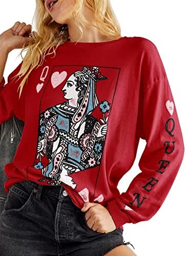 Fazortev Womens Crewneck Grafički zvezni duks kraljica srca Košulje s dugim rukavima Slatki labavi fit casual pulover vrhove