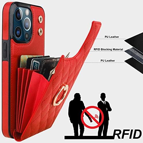 Folosu kompatibilan sa iPhone 13 Pro Max case Wallet sa držačem kartice, 360°rotacija Držač prstena za prst stalak za noge RFID Blokiranje PU kožnih dvostrukih dugmadi Flip Cover 6.7 Inch Red