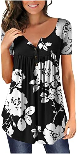Kratke rukave za žene tunike Henley V izrez Casual bluza sa dugmetom majice Trendy Floral Print Tee Shirt