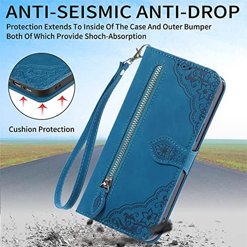 Xyx torbica za novčanik za jezgro Samsung A03, dijagonalni cvijet PU Koža 6 utora za kartice Flip Leather Zipper Pocket Case Cover Kickstand zapešće Lanyard za Galaxy A03 Core, Blue