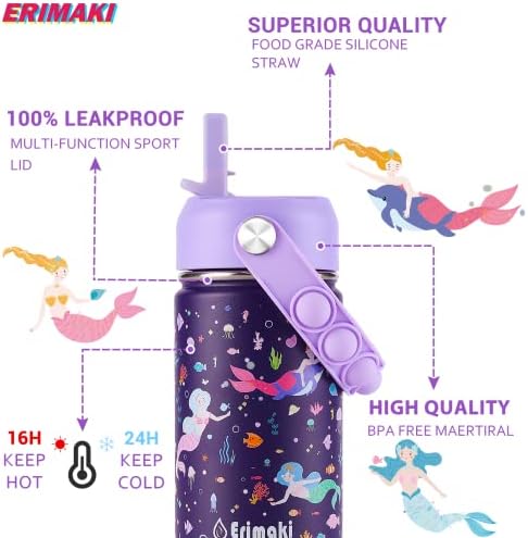 Erimaki 14 oz Dječje boce od purple vode sa slamnim poklopcem i fidget ručkom, dvostruki zidni vakuum izolirani