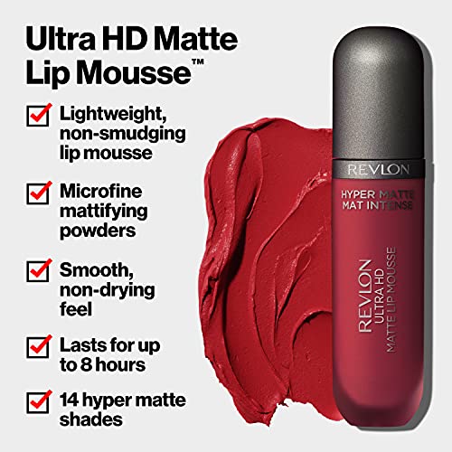 REVLON Ultra HD Mousse za usne Hyper Matte, dugotrajni kremasti tečni ruž za usne u crvenom / Koralju, Podsaharski,