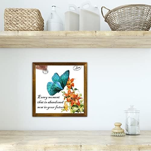 Drveni znak Svaki trenutak koji je napušten Framed Woth Viseći znak Plavi leptir cvjetni zid dekor Leptir