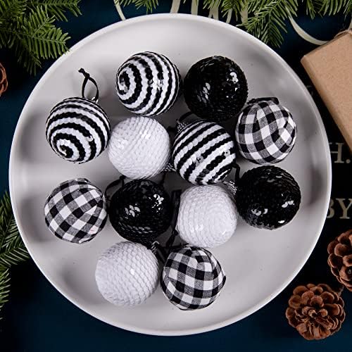 12kom crno-bijele kugle sa šljokicama ,1,96 Božićne bivolje karirane viseće kugle,otporni na lomljenje Božićni