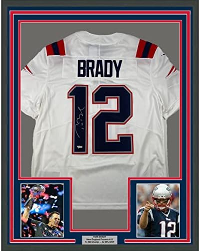 Uokvireni autogramirani / potpisan Tom Brady 33x42 New England Patriots White Autentic Nike Limited Fudbalski dres Fanatics Coa / Loa