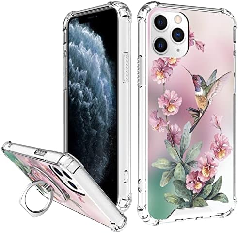 OOK Clear Case kompatibilan sa iPhone 11 pro max, ružičastim hummingbird uzorak fleksibilan TPU otporan na udarca prozirnim prozirnim poklopcem za iPhone 11 pro max sa prstenom kickstandom