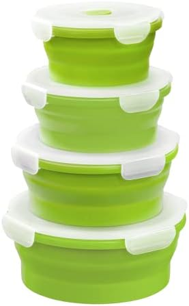 MOYUYA sklopivi sklopivi Silikonski spremnik za skladištenje hrane, koji se može slagati i uštedjeti prostor, nepropusan, sa nepropusnim plastičnim poklopcima bez BPA-za kuhinjske kutije za ručak - zamrzavanje u mikrovalnoj pećnici ili trgovina (zeleno)