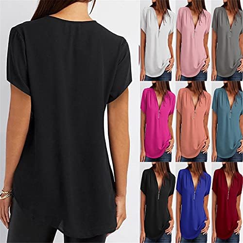 Andongnywell Womens Solid Color Casual V izrez Šifonske bluze Zipper Summer Bluuses Skraćeno rukave košulje
