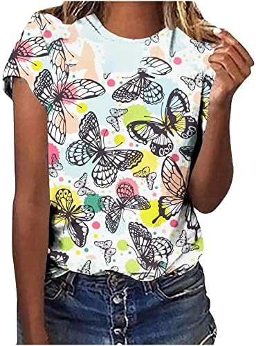 Žene Ljetne majice kratki rukav Crew Crt Trendy Leptir Ispiši Colorblock Casual Tee vrhovi