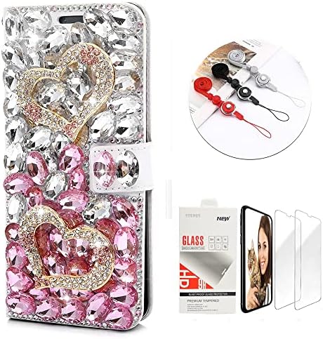 STENES Bling Wallet futrola za telefon kompatibilna sa iPhoneom 11 Pro Max - Stylish-3D ručno rađena kožna Navlaka za kristalno srce sa magnetnim novčanikom sa zaštitom ekrana & amp; traka za vrat-Pink