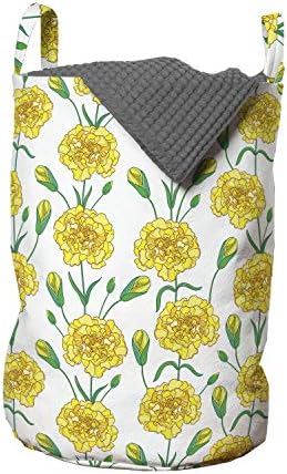 Ambesonne torba za veš od karanfilića, Doodle cvijeća karanfila i pupoljaka u žutim tonovima sa listovima, korpa za korpe sa ručkama zatvaranje Vezica za pranje veša, 13 x 19, žuta žad zeleno bijela