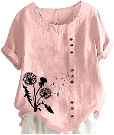2023 Ljetne teže za žene Pamučno posteljina Crewneck gumba Trendy cvjetni ispisani majica s kratkim rukavima