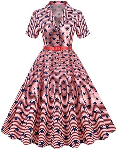 HCJKDU Dnevne haljine za žene rever kratkih rukava za vezanje struka Američka zastava Maxi haljina Flowy Swing Club Party haljina