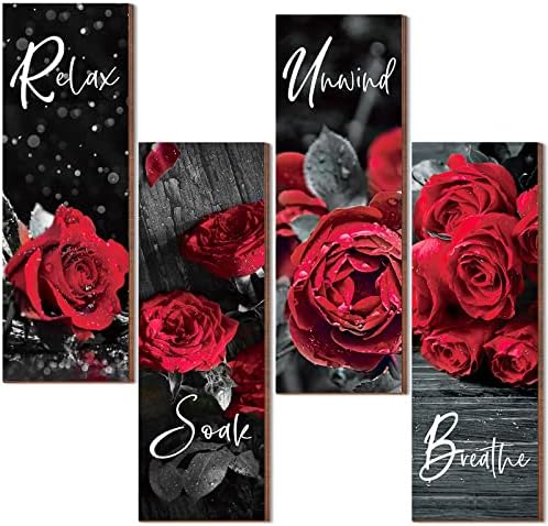 4 komada Crveni drveni znak za kupaonicu, toalet, trpezarija, kuhinja, cvjetna ruža zidni pribor 12 inča