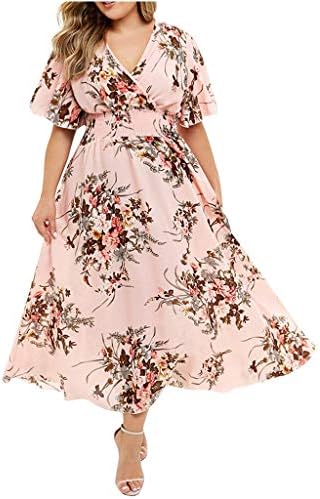Ženska cvjetna Maxi haljina od šifona Plus Size boemska ljetna hladna ramena kratki rukav V izrez sa podijeljenim