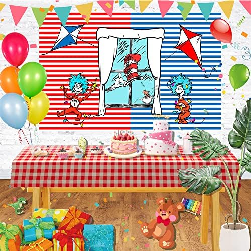 Crvene i plave pruge pozadina potrepštine Dr Seuss rođendan tema fotografija pozadina mačka u šešir Banner