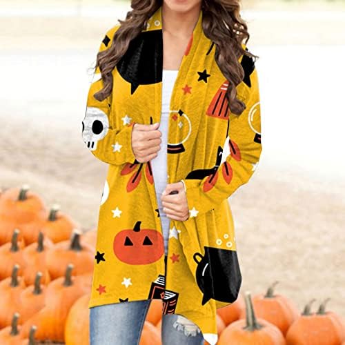 Žene Halloween Cardigan Pumpkin Cat Print s dugih rukava Otvoreni prednji Plus veličine Džemper kaput vrhunske
