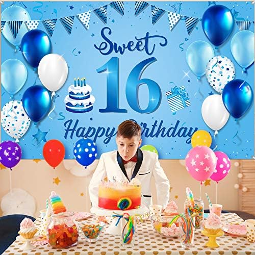 Slatki baner za pozadinu za 16. rođendan, izuzetno velika tkanina plavi natpis za 16. rođendan sa fotografijom pozadinski Baner sa balonom za dekor potrepštine za 16. rođendan, 72,8 x 43,3 inča