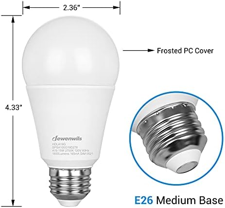 DEWENWILS 4-Pack A19 LED sijalica 100w ekvivalentna, LED sijalice sa mogućnošću zatamnjivanja, 2700k Meki
