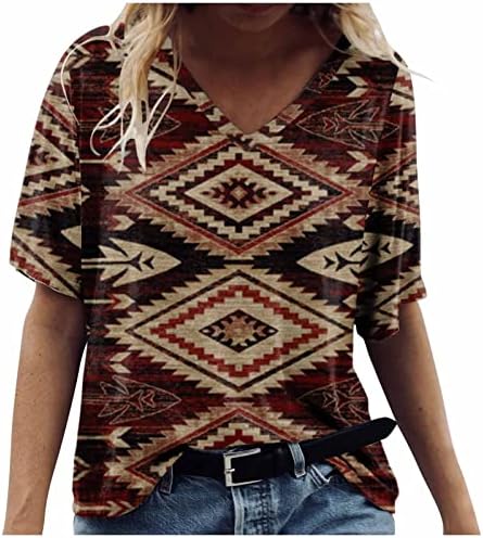 Žene Aztec Geometrijski casual vrhovi Ljeto V izrez T Majica Retro kratkih rukava prevelicirani gornji tonični bluze za žene